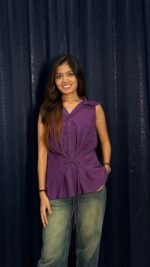 Purple Tie-Front Sleeveless Collar Top - Image 3