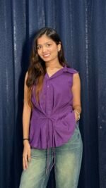 Purple Tie-Front Sleeveless Collar Top