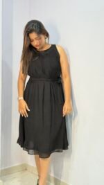 Classic Black Pleated Tie-Waist Midi Dress - Image 2