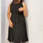 Classic Black Pleated Tie-Waist Midi Dress