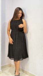 Classic Black Pleated Tie-Waist Midi Dress