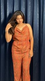 Orange Stripe Cowl Neck Halter Jumpsuit - Image 2