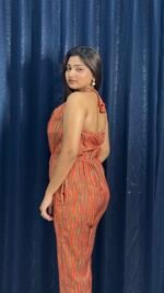 Orange Stripe Cowl Neck Halter Jumpsuit