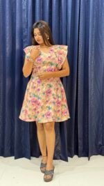 Peach Floral Ruffle Shoulder Mini Dress - Image 3