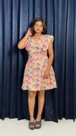 Peach Floral Ruffle Shoulder Mini Dress